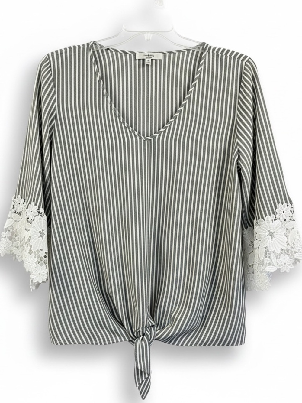 Moa Moa Woman Vertical Striped Boho Crochet Lace Bell Sleeve Tie Front Top 1X